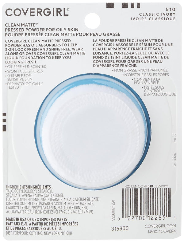 COVERGIRL Clean Matte Pressed Powder, Oil Control Powder, 1 Container, .35 Fl Oz, Face Powder, Oil Free Loose Powder, Matte Finish, Lightweight,