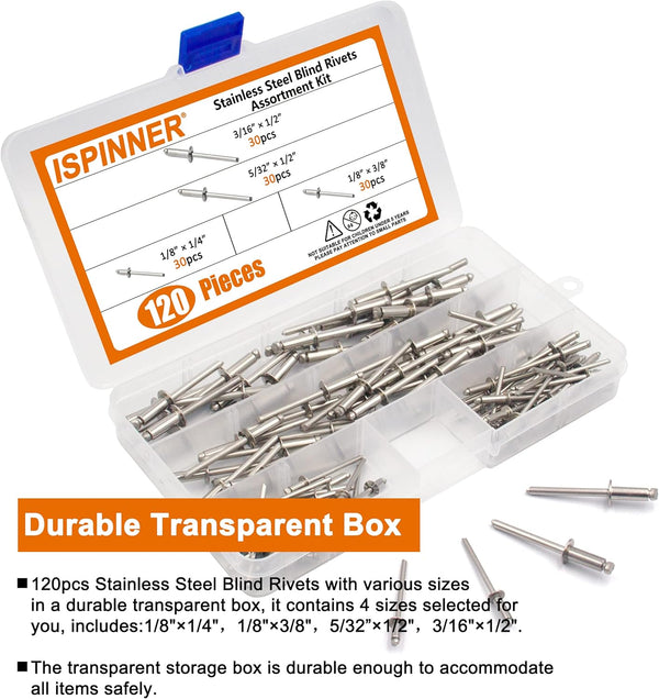 ISPINNER 120Pcs 304 Stainless Steel Blind Rivets, Pop Rivets Assortment Kit