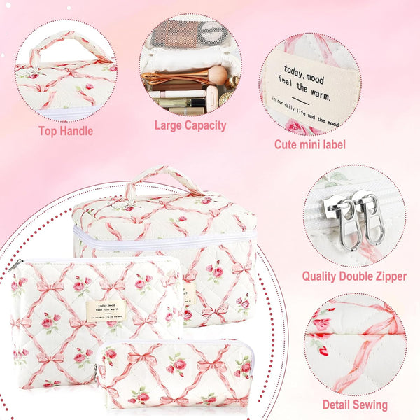 3Pcs Cotton Quilted Makeup Bag for Women Girls Large Small Travel Floral Cosmetic Bags Set Cute Coquette Pink Makeup Pouch for Purse Aesthetic