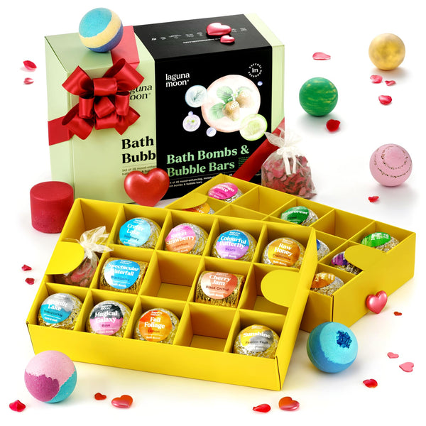 Bath Bombs - 25 Extra Large Pcs + 3 Bubble Bars & Dried Flowers - Bubble Bath Shower Salts for Women, Men & Kids - Relaxing Bathbombs Gift Set