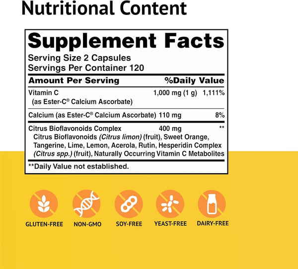American Health 500 Mg with Citrus Bioflavonoids Capsules Gentle on Stomach Nonacidic Vitamin C Nongmo Gluten Free 120 Servings, Ester-C, 240 Count