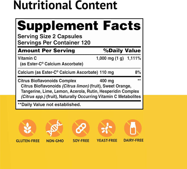 American Health 500 Mg with Citrus Bioflavonoids Capsules Gentle on Stomach Nonacidic Vitamin C Nongmo Gluten Free 120 S