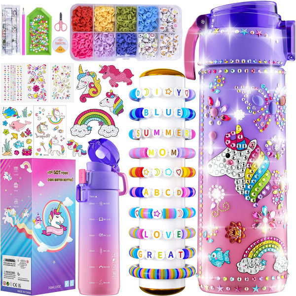 Gifts for Girls 4-12, Decorate Your Own Water Bottle Kits for Girls, Unicorn Diamond Painting Toys & Friendship Bracelet Kit, Fun Arts Crafts for