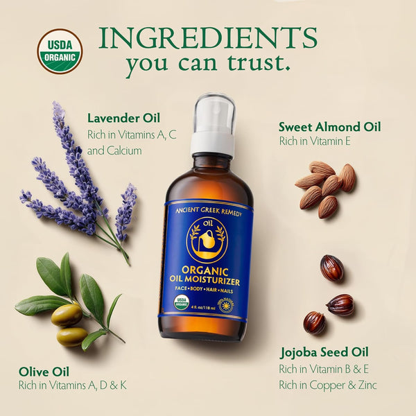 Ancient Greek Remedy after Shower Body Oil for Women - Organic Face Oil & Body Moisturizer for Dry Skin with Sweet Almond, Jojoba, Olive, Lavender