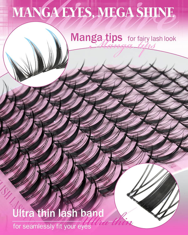 Fairy Lash Clusters Natural Look Manga Eyelash Clusters Wispy D-Curly Cluster Eyelash Extensions 110 Pcs 8-16MM Wispy Individual Lashes Wet-Look