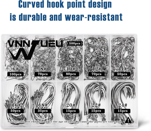 Carbon Steel Fishing Hooks 500Pcs/90Pcs, Circle Hooks Assortment for Saltwater Freshwater Ice Fishing, Salt Water Fish Hooks for Catfish Trout