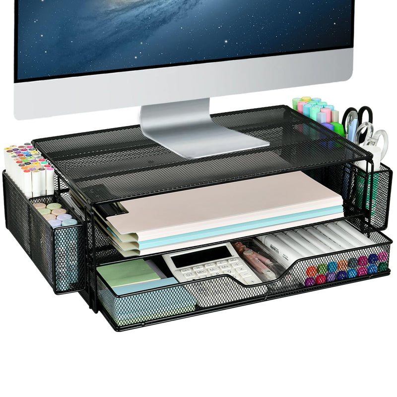AUPSEN 2 Tier Computer Monitor Stands with Drawer and 2 Pencil Holder, Metal Monitor Stand Monitor Riser, Computer Desk Organizer and Accessories