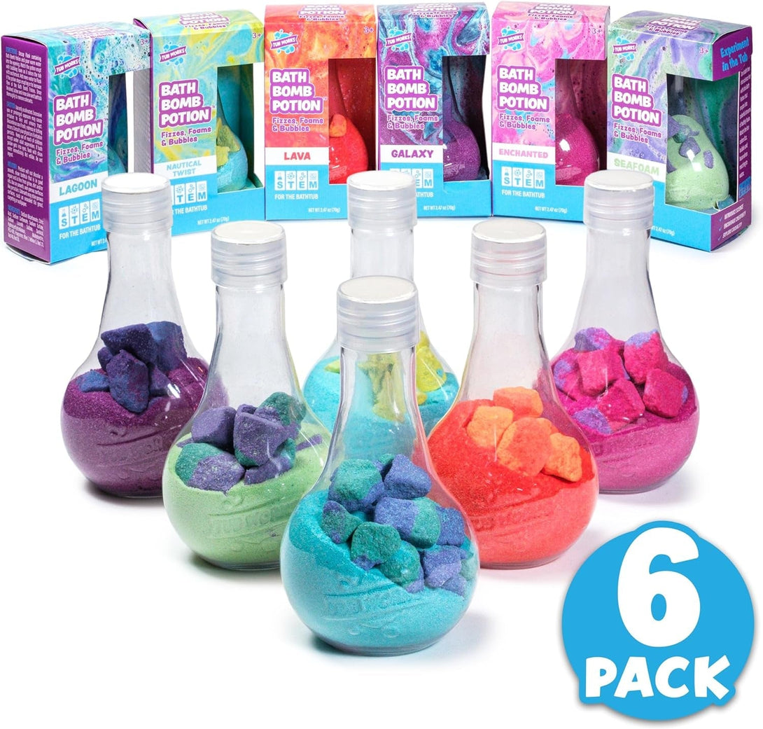 Tub Works® Kids Bath Bomb Potion™ Bath Toy, Variety 6 Pack | Nontoxic | Fizzes, Foams & Bubbles with an Eruption of Color | Interactive Bath Bombs | Fun Science Toddler Bath Toys