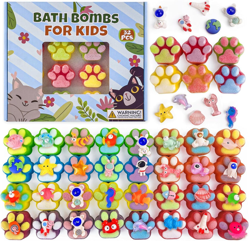 Bath Bombs for Kids with Surprise Inside, 32 Pack Paw Bath Bombs with Toy, Ocean Animals and Space Planet Toys SPA Fizzy Handmade Natural Bath