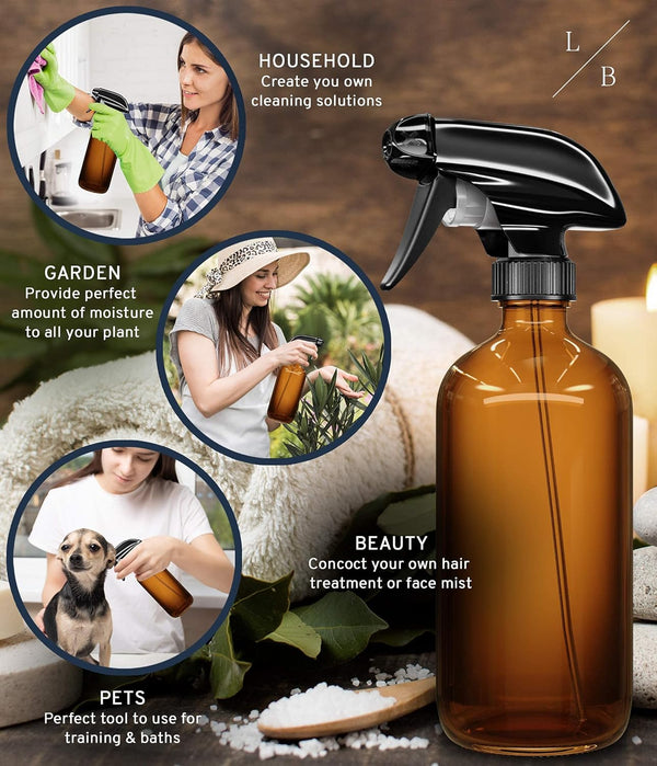 Liba Amber Glass Spray Bottles 2 Pack, 16 Oz Refillable Empty Spray Bottle for Cleaning, Essential Oils, Hair, Plants, Adjustable Nozzle for