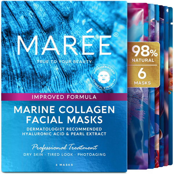 MAREE Collagen Facial Mask with Hyaluronic Acid - Sheet Face Masks Skincare with Green & Red Algae Extract - Hydrating Mascarillas Faciales for