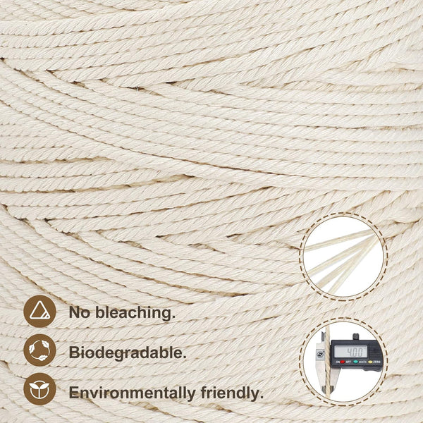 Macrame Cord 4Mm X 328Yd | 100% Natural Cotton Macrame Rope | 4 Strand Twisted Cotton Cord for DIY Crafts Knitting Plant Hangers Wedding Decor, Beige