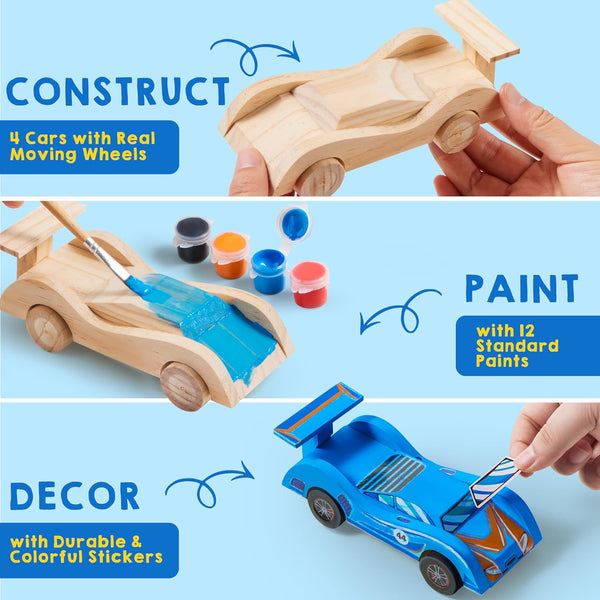 Klever Kits 4 DIY Wooden Race Cars-Build & Paint Your Own Wood Craft Kit, 4 Race Cars Toy, Easy to Assemble Arts Crafts Kit, Birthday Party