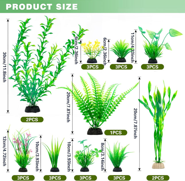 Ameliade Aquarium Artificial Green Plastic Plants Decorations 26 PCS Large Fish Tank Accessories Goldfish Betta Tank Dec