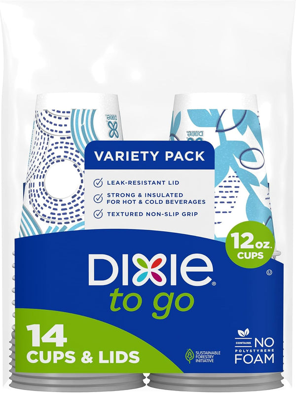 Dixie to Go Medium Paper Coffee Cups with Lids, 12 Oz, 14 Count, Disposable Cups for On-The-Go Hot Beverages
