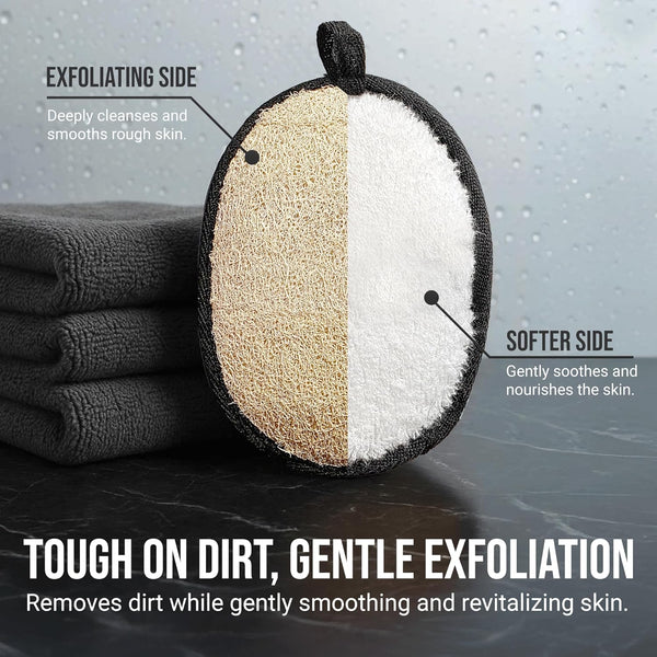 Rugged Natural Shower Loofah for Men - Tough Eco-Friendly Exfoliating Body Scrubbers, Durable & Gentle Terry Towel Cloth Pad for Manly Skin Care -