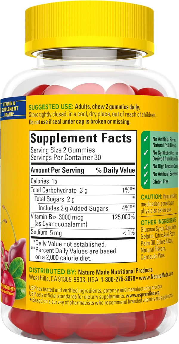 Nature Made Extra Strength Vitamin B12 Gummies, 3000 Mcg per Serving, B12 Vitamin Supplement for Energy Metabolism Support, 60 Gummy Vitamins, 30