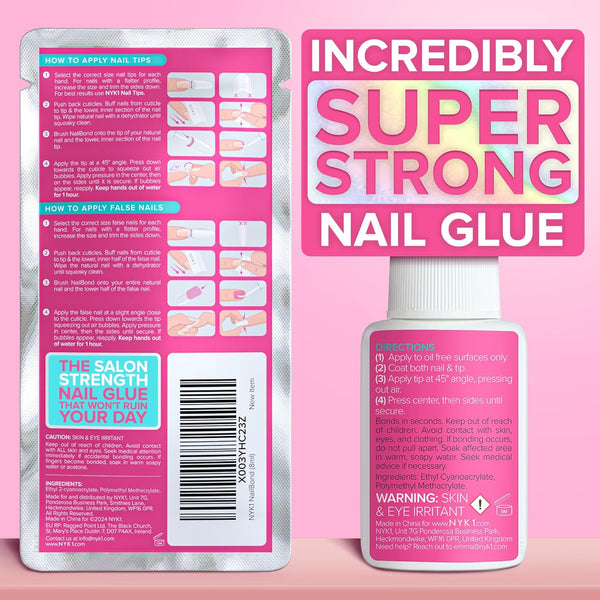 Super Strong Nail Glue for Press on Nails, Nail Tips & Acrylic Nails (8Ml) NYK1 Nailbond Brush on Glue for Press Ons, Tips & Acrylics - Long