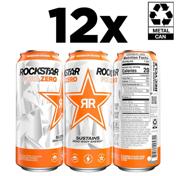 Rockstar Pure Zero Energy Drink, Orange, 0 Sugar, with Caffeine and Taurine, 16Oz Cans (12 Pack) (Packaging May Vary)