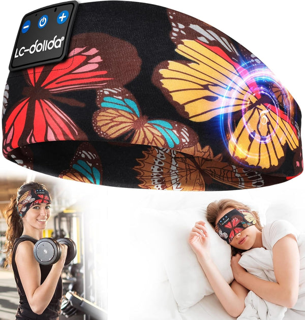 Lc-Dolida Sleep Headphones Headband Bluetooth 5.4, Sports Headband Earphones Wireless with Speaker Microphone USB C for Sleeping Gift Workout Jogging Yoga Insomnia Travel Meditation, Butterfly
