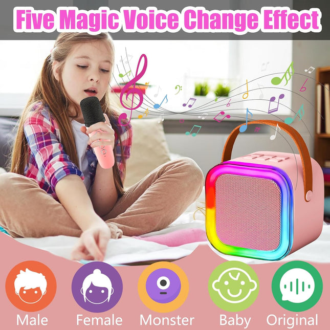 Mini Karaoke Machine with 2 Wireless Microphones for Kids, Portable Bluetooth Speaker for 4, 5, 6, 7, 8, 9, 10, 12 Years
