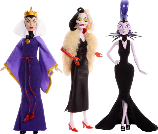Mattel Disney Princess Toys, Villains Multipack with Evil Queen, Cruella De Vil & Yzma Fashion Dolls, Disney 100 Years of Wonder Collectible