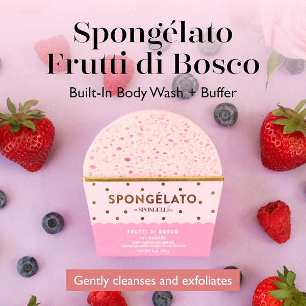 Spongelato Loofah Exfoliating Body Scrubber by Spongelle | Infused with Body Wash | Bath & Shower Loofah for Women | 14+ Uses | Frutti Di Bosco