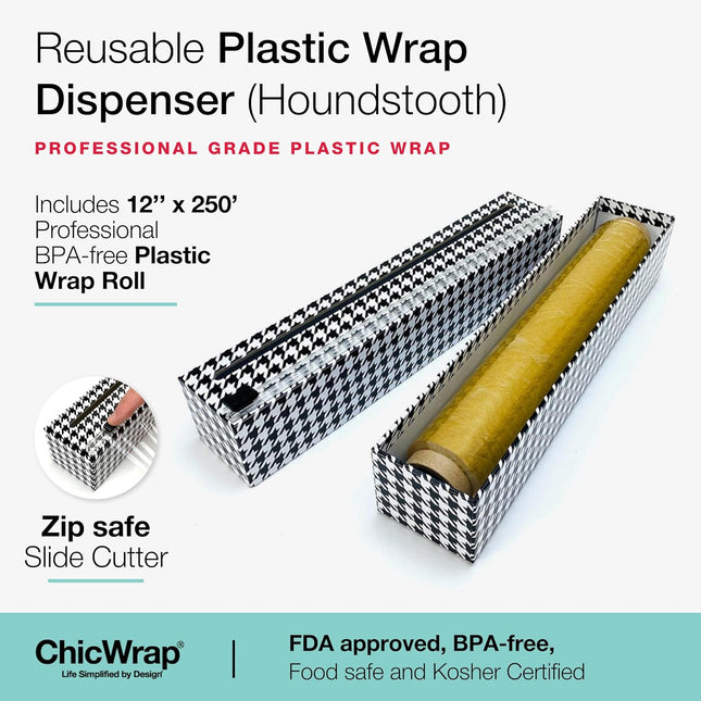 Chicwrap Houndstooth Refillable Plastic Wrap Dispenser - One 12" X 250' Roll of Professional Grade Plastic Wrap - BPA Fr