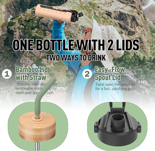 32Oz Glass Water Bottle with Straw and 2 Lids- Bamboo and Handle Spout Lid, Glass Drinking Bottles with Silicone Sleeve Motivational Time Marker