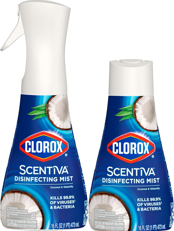 Clorox Scentiva Disinfecting Mist, Coconut and Waterlily, 1 Spray and 1 Refill, 16 Oz Each