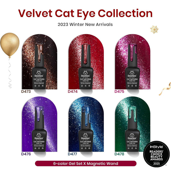 Beetles Cat Eye Gel Nail Polish Set, 6 Colors Glitter Gel Polish Kit Red Pink Shiny Brown Burgundy Purple Blue Green Magnetic Effect Sparkle