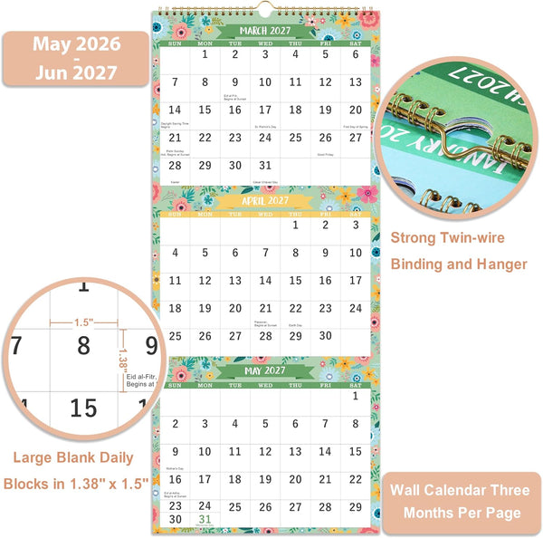 Calendar 2025-2026 - May. 2025 - Jun. 2026, 3 Month Display Wall Calendar (Folded in One Month), 11.3" X 26" (When Opened), Vertical Calendar