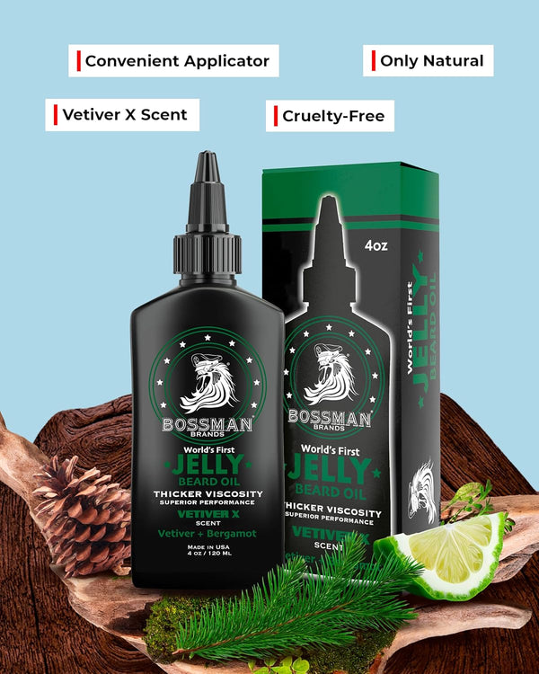 Bossman Jelly Beard Oil for Men (4 Oz, Vetiver X Scent) â Softens, Moisturizes & Conditions with Natural Ingredients