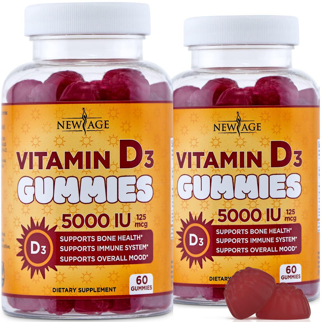 NEW AGE Vitamin D3 5000 IU 125mcg Gummies - Immune Supplement - Non-GMO, Gluten-Free, Dairy-Free, No Gelatin (120 Gummie
