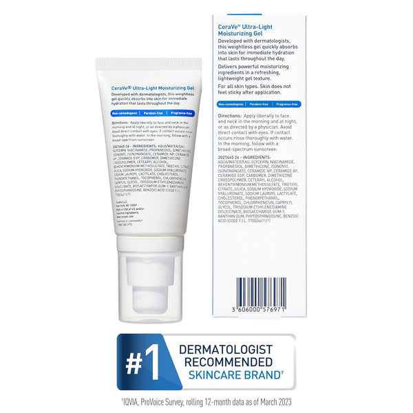 Cerave Ultra-Light Moisturizing Gel, Hydrating Gel Face Moisturizer with Ceramides, Niacinamide, Hyaluronic Acid, Fragrance Free, Oil-Free,