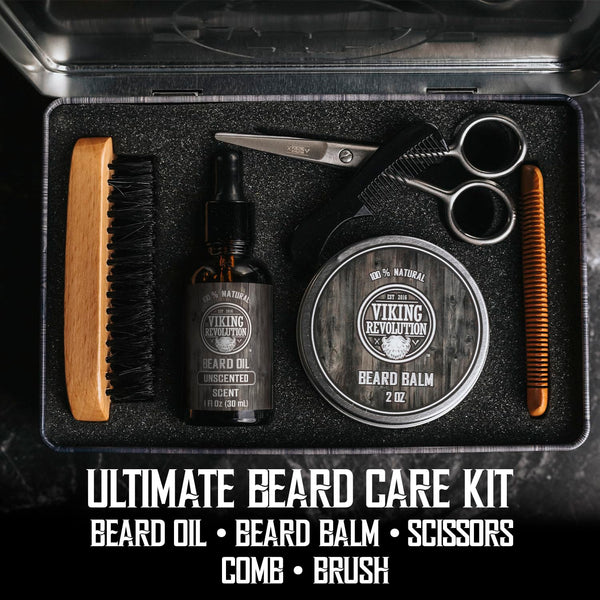 Viking Revolution Beard Care Kit for Men - Kit Includes 100% Boar Beard Brush, Wooden Comb, Beard Balm, Beard Oil, Beard & Mustache Scissors in a