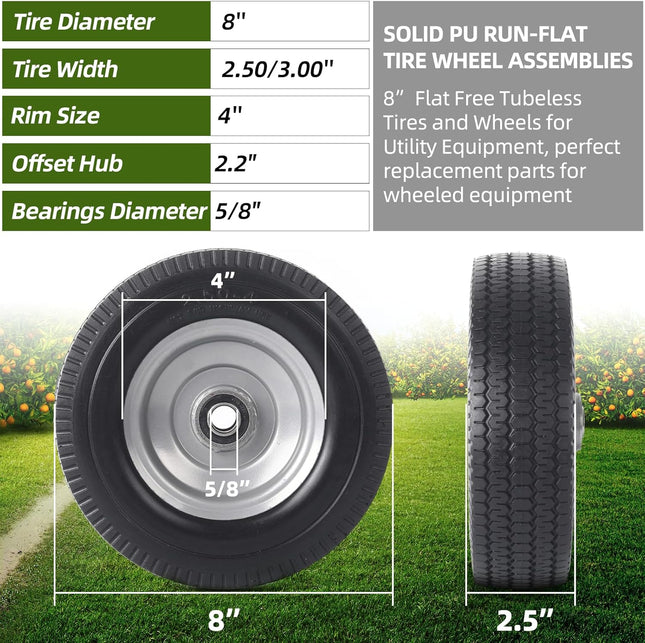 AR-PRO (2-Pack) 8-Inch Solid Wheel Replacement - 2.50-4" Flat Free Tire and Wheel with 5/8 Extra 3/4 Bearings and 2.2" O