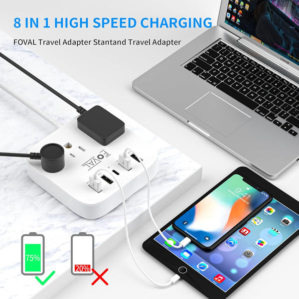 European Travel Plug Adapter, FOVAL EU UK US Power Strip with USB C and 4 USB Ports, 3 AC Outlets, Wall Mountable, 5Ft Extension Cord, Compact for