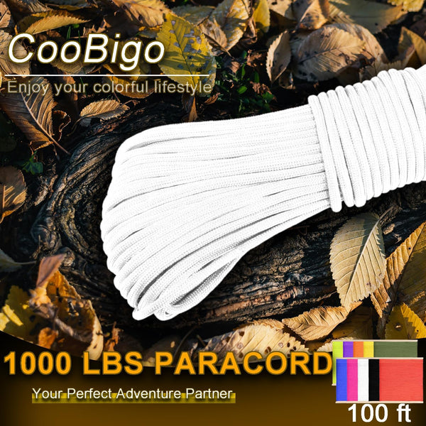 Coobigo Outdoor Paracord Rope 1000Lb 12 Strand Stronger than 550 Parachute Cord,100Ft White Camping Rope for DIY Weave Bracelet/Lanyards,Tent