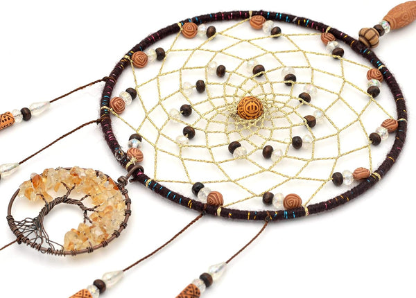 Urdeoms Brown Dream Catchers Tree of Life Boho Dreamcatcher for Bedroom Adult with Feathers and Citrine Crystal Wall Hanging Decor for Home