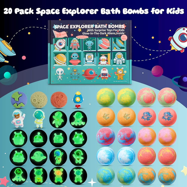 20 Pack Galaxy Bath Bombs for Kids with Space Explorer Toys, Cosmic Adventure Kids Bath Bombs with Astronauts, Rockets, Planets & Glow-In-The-Dark