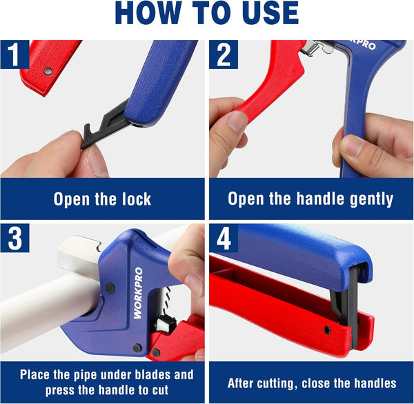 WORKPRO Ratchet PVC Pipe Cutter, Up to 1-5/8", Plastic Pipe and Tubing Cutter for PEX, PVC, PPR, and Plastic Hoses, High-quality Aluminum