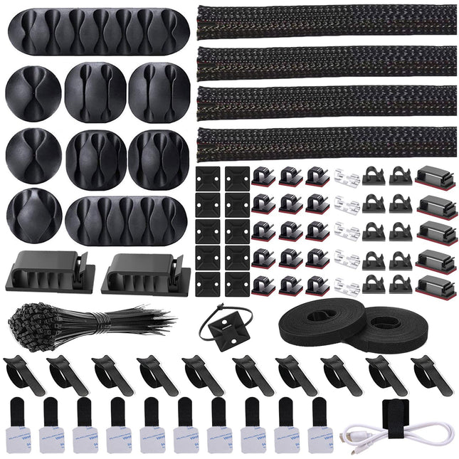 N NOROCME Cord Management Organizer Kit 4 Cable Sleeve Split with 41Self Adhesive Clips Holder, 10Pcs and 2 Roll Self Ti