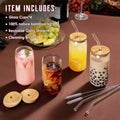 Drinking Glasses with Bamboo Lids and Glass Straw 4pcs Set - 16oz Glass Cups, Iced Coffee Glasses, Cute iced Tea Glasses, Beer Glasses, Ideal for