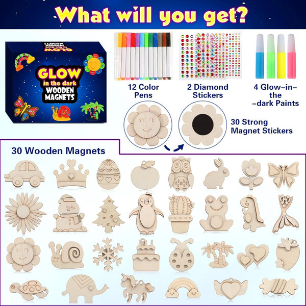 GWAHSA 30Pcs DIY Wooden Magnets, Glow in the Dark Wooden Art Craft Supplies Painting Kit for Kids Activities Party Favors for Boys Girls Ages 4-8