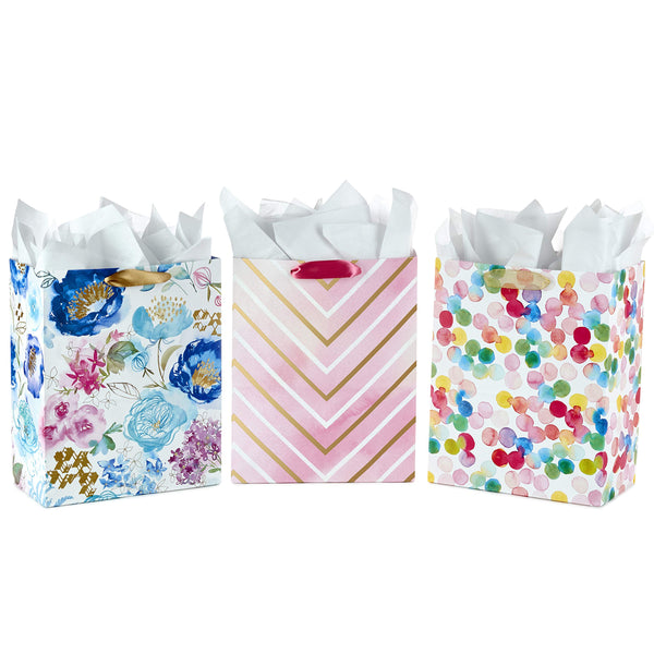 Hallmark 13" Large Gift Bags Assortment with Tissue Paper (Pack of 3: Floral, Chevron, Dots) for Birthdays, Mother'S Day, Baby Showers, Bridal