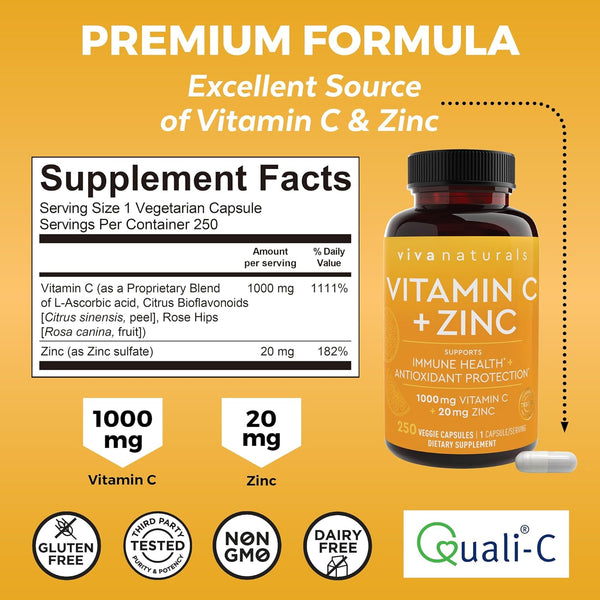 Viva Naturals Vitamin C and Zinc Supplement (250 Capsules) - 1000 Mg Vitamin C with Zinc 20 Mg Antioxidant Supplements for Immune Support, Vitamin