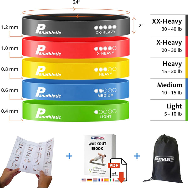 Resistance Bands, Set of 5 Bands â 5 Different Resistance Levels, Exercise Guide, Ebook, Carry Bag â 5X Booty Loop Band for Butt and Legs Women -