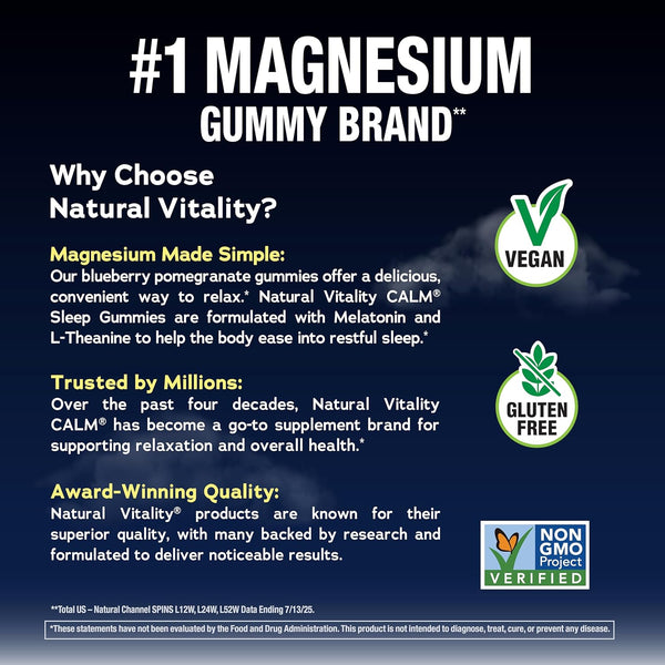 Natural Vitality SLEEP Gummies, Magnesium Supplement with Melatonin and L-Theanine, Vegan, Gluten Free, Helps the Body Ease into Sleep, Blueberry