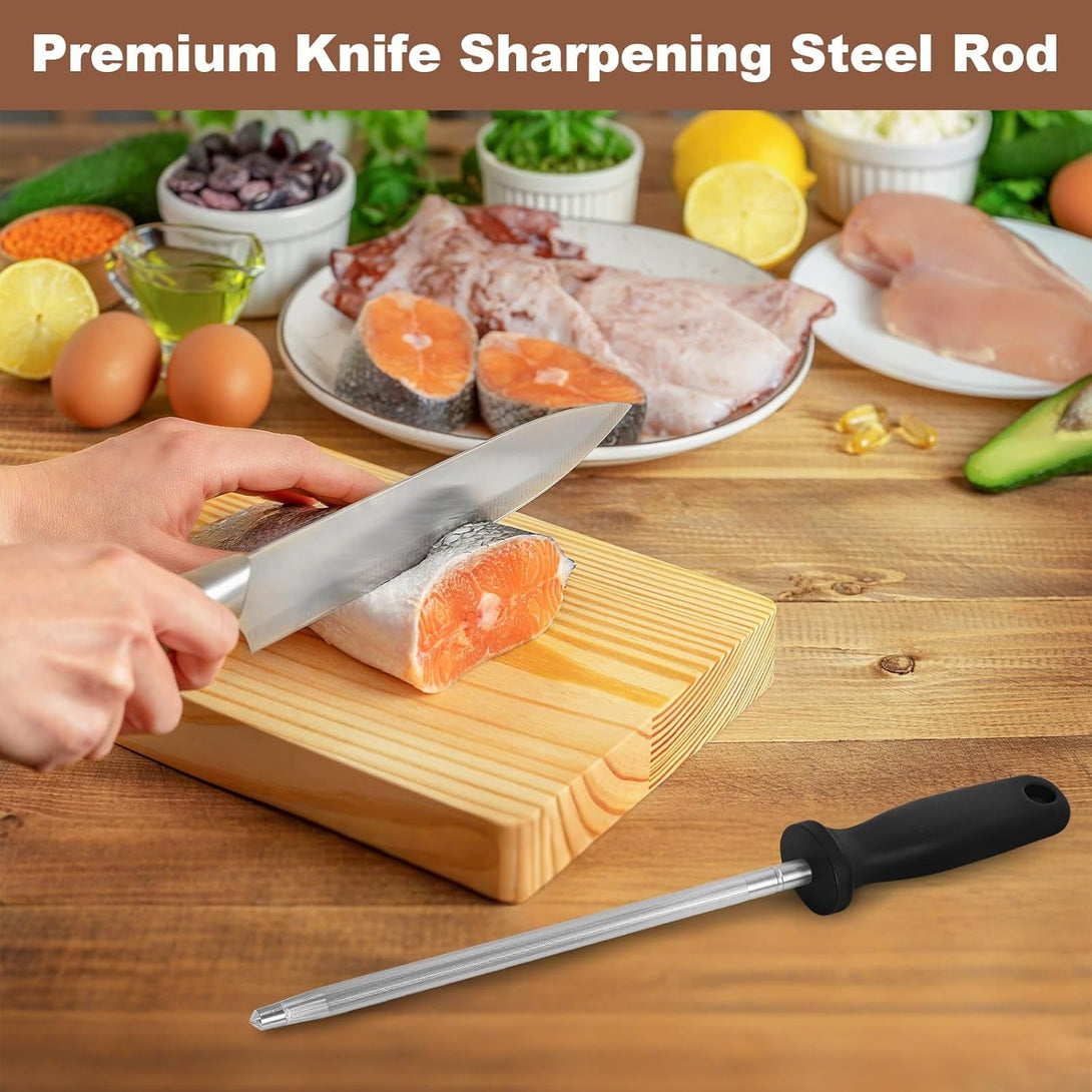 12 Inches Knife Sharpening Steel Rod, High Carbon Steel Honing Rod with 9 Inches Sharpening Steel and Ergonomic PP Handle, Premium Kitchen Knife Sharpener for Chefs and Home Cooks Use